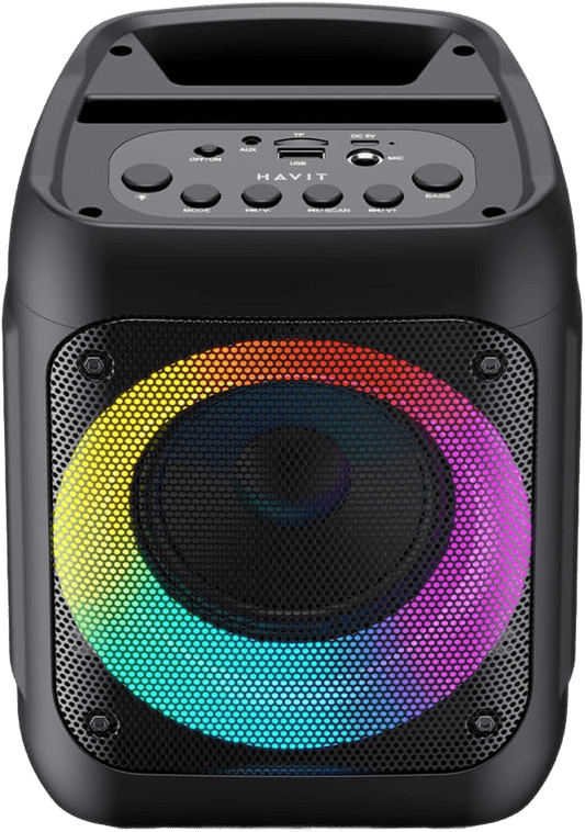 Coluna Bluetooth portátil SQ133BT Havit - Mini PA com luzes RGB, TWS, driver de 4", BT5.2, saída RMS de 8W, bateria de 2000mAh, entrada de microfone/suporte USB/SD/AUX/FM - Preto