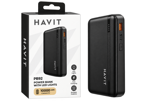 Power Bank Rápido HAVIT PB92 PRETO 20000mAh Carregador Portátil Duplo PD 20W + 22.5W com Ecrã LED