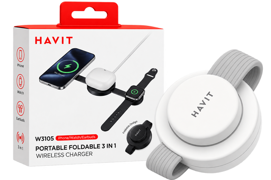 Carregador Sem Fios 3 em 1 Dobrável HAVIT W3105 15W Portátil   Estação de Carga Branca (Cópia)