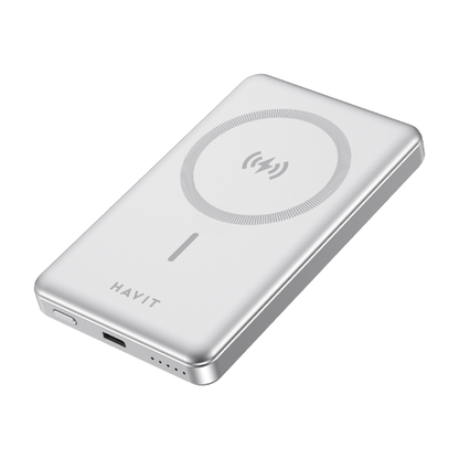 Power Bank Magnético Sem Fios HAVIT PB5203 SILVER 10000mAh Carregador Portátil GaN/Alum nio PD 20W Premium (Cópia)