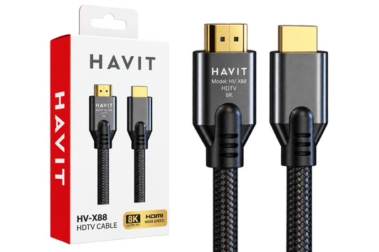 Cabo HDMI 2.1 Ultra High Speed HAVIT HV-X88 1.8m 8K@60Hz / 4K@120Hz   Nylon Tran ado Preto e Cinzento