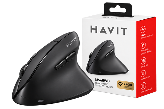 Rato Ergonómico Vertical Sem Fios HAVIT MS550GT 1600 DPI   Rato Wireless de Alta Precisão Preto