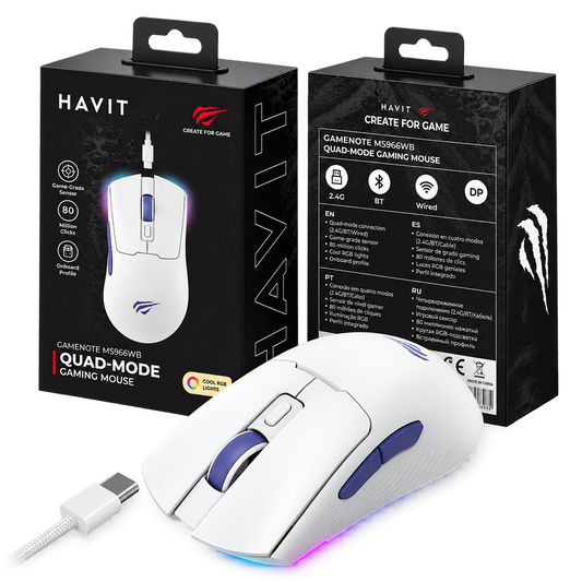 Rato Gaming Sem Fios HAVIT MS966WB Tri-Mode RGB Branco e Azul