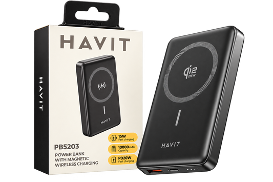 Power Bank Magnético Sem Fios HAVIT PB5203 PRETO 10000mAh Carregador Portátil GaN/Alum nio PD 20W Premium