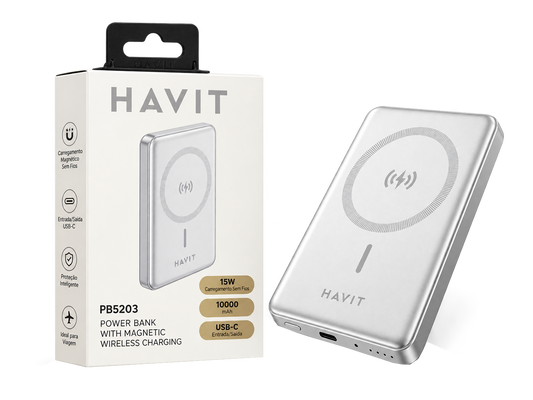 Power Bank Magnético Sem Fios HAVIT PB5203 SILVER 10000mAh Carregador Portátil GaN/Alumínio PD 20W Premium