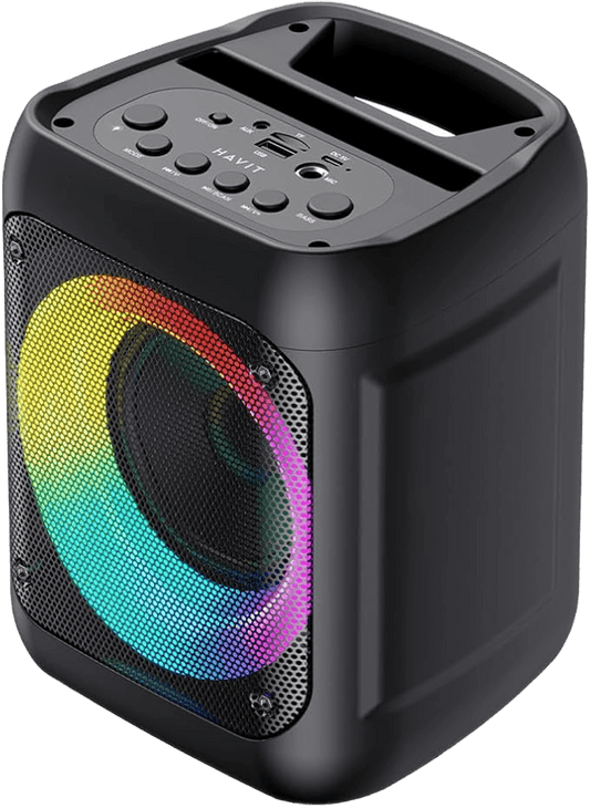 Coluna Bluetooth portátil SQ133BT Havit - Mini PA com luzes RGB, TWS, driver de 4", BT5.2, saída RMS de 8W, bateria de 2000mAh, entrada de microfone/suporte USB/SD/AUX/FM - Preto