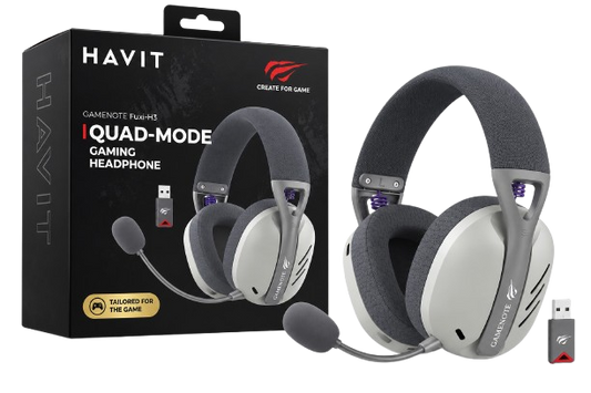 Auscultadores Gaming HAVIT Gamenote Fuxi-H3 Sem Fios Headset Quad-Mode com Latência 24ms e Som 7.1 Cinzento