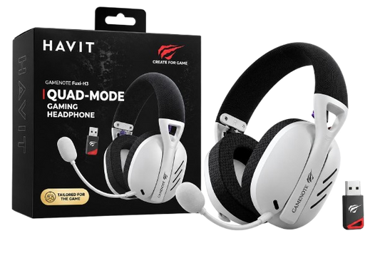 Auscultadores Gaming HAVIT Gamenote Fuxi-H3 Sem Fios Headset Quad-Mode com Laténcia 24ms e Som 7.1 Branco e Cinzento