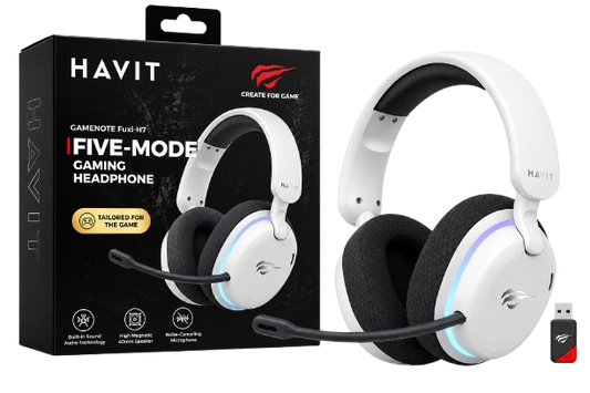 Auscultadores Gaming HAVIT Gamenote Fuxi-H7 Sem Fios Headset Tri-Mode com Som Virtual 7.1 e Bateria de Longa Dura  o Branco e Preto