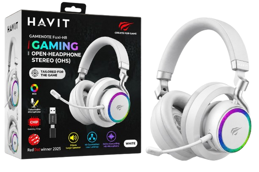 Auscultadores Gaming HAVIT Gamenote Fuxi-H8 Sem Fios Headset Modular Open-Back com  Áudio Espacial 360  Branco e Cinza