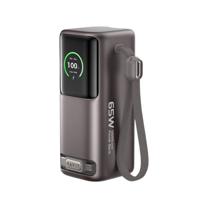 Carregador Híbrido 3-em-1 Power Bank HAVIT PB37 10000mAh – Ultra-Rápido GaN 65W com Tomada AC e Cabo Retrátil.