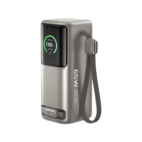 Carregador Híbrido 3-em-1 Power Bank HAVIT PB37 10000mAh – Ultra-Rápido GaN 65W com Tomada AC e Cabo Retrátil.